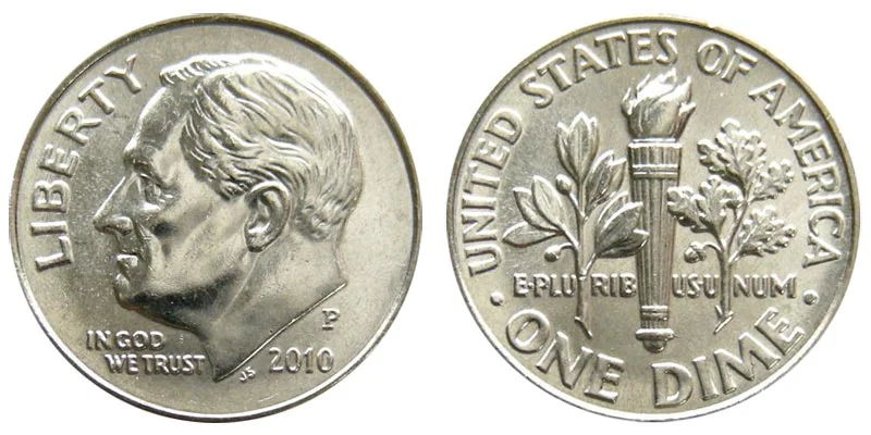 2010-P Roosevelt dime obverse and reverse showing uncirculated condition