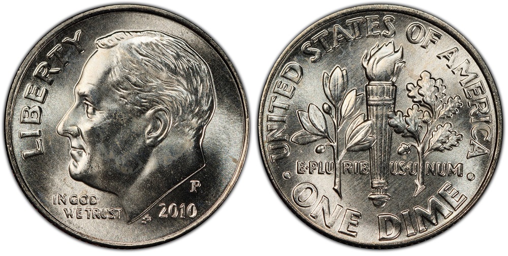 Side-by-side comparison of 2010 Roosevelt dime reverse torch showing non-Full Bands vs Full Bands strike