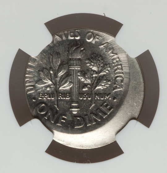 2010 Roosevelt dime off-center strike error with approximately 30% blank planchet area visible