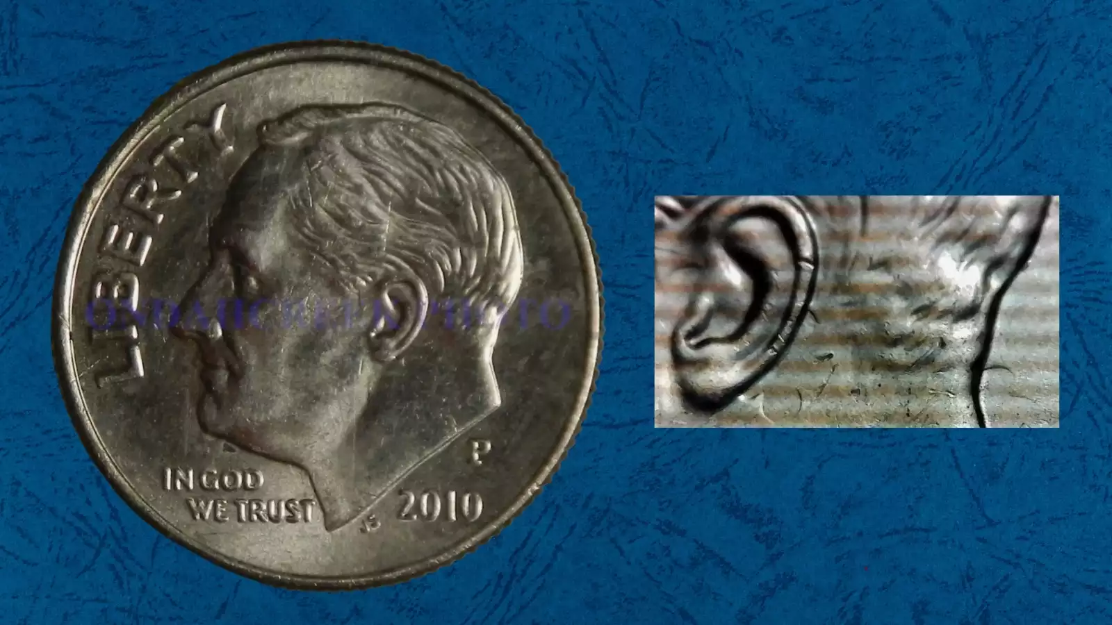 2010 Roosevelt dime die clash error showing ghosted reverse design elements visible in the obverse field