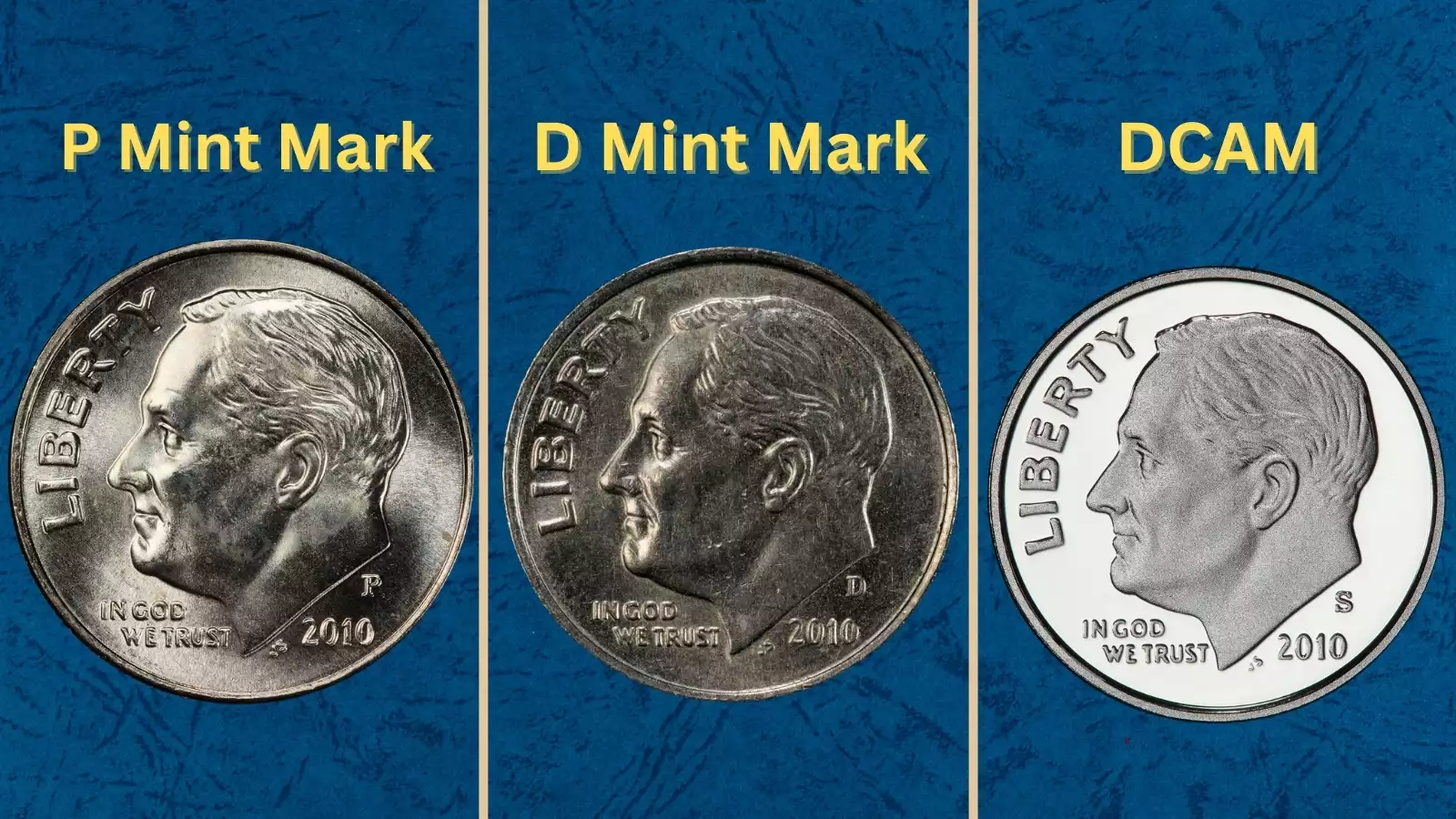 Group shot of 2010 Roosevelt dimes from all three mints — P, D, and S mint marks