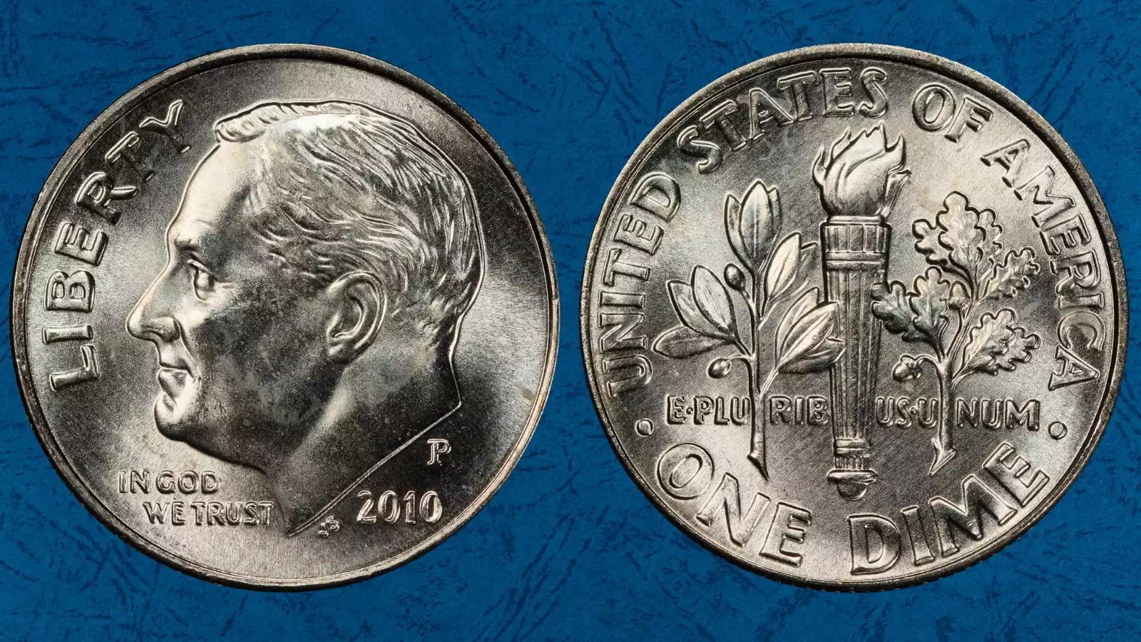 Grading strip showing 2010 Roosevelt dimes in four condition tiers: worn, circulated, uncirculated, and gem MS